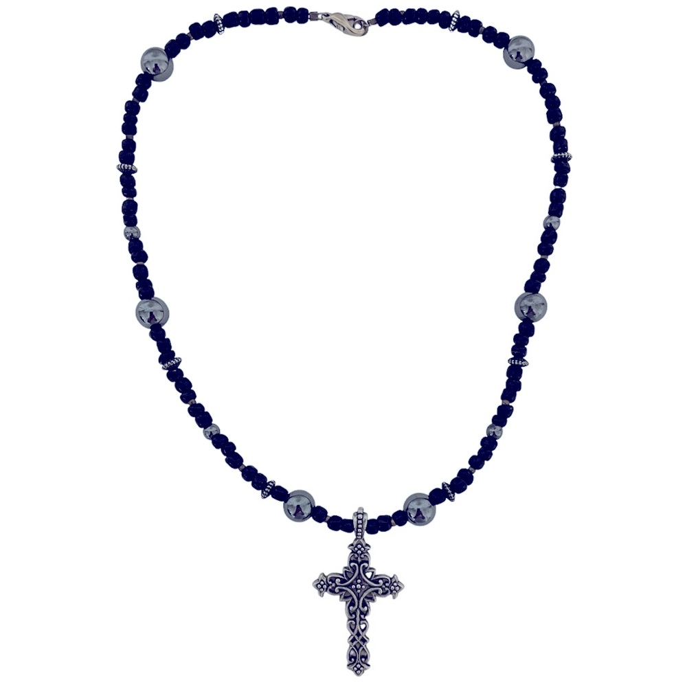 ARTISAN Womens Black Semi Precious Beads and Filigree Cross Pendant Necklace